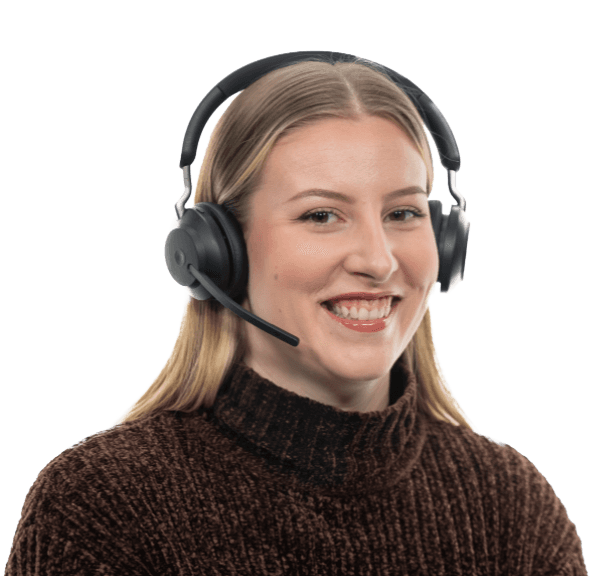 Smiling blonde female with headset on.