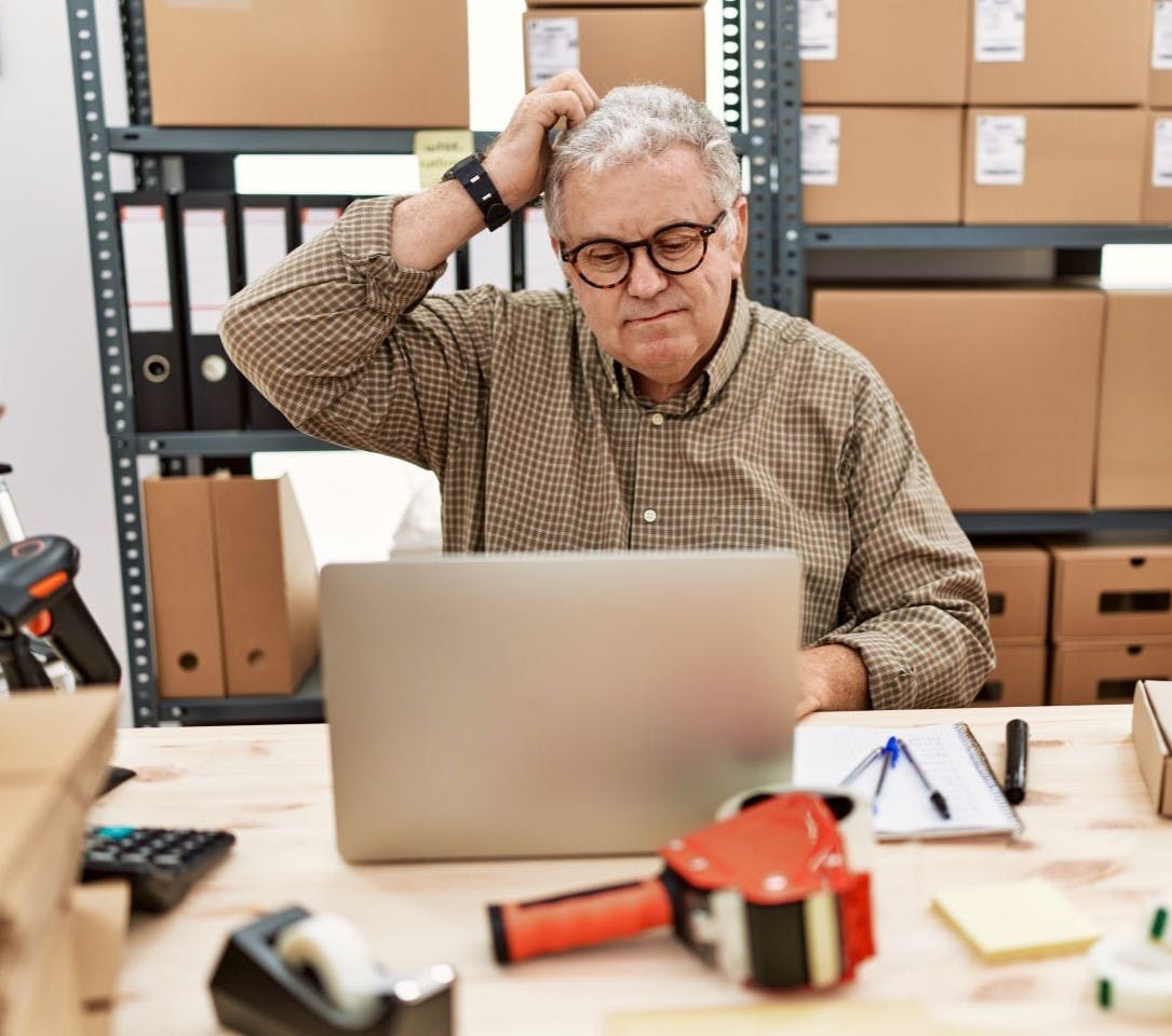 Senior caucasian man working at small business with laptop confused and wondering about a question.