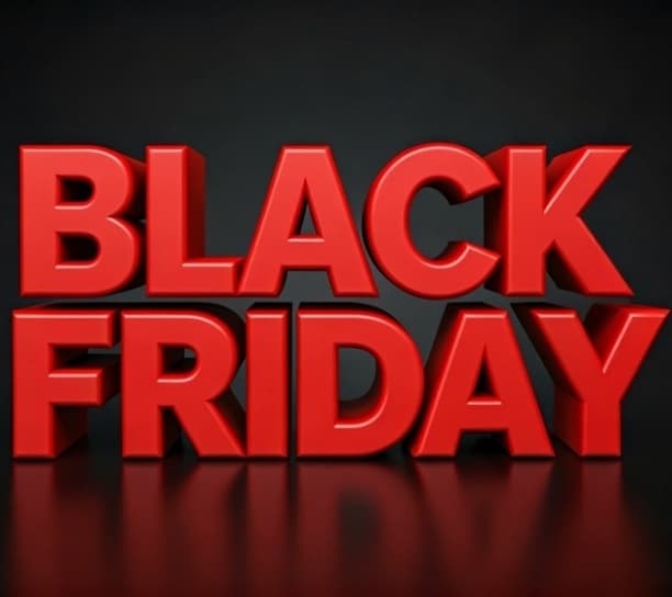 3D writing "BLACK FRIDAY" in red against a black background.