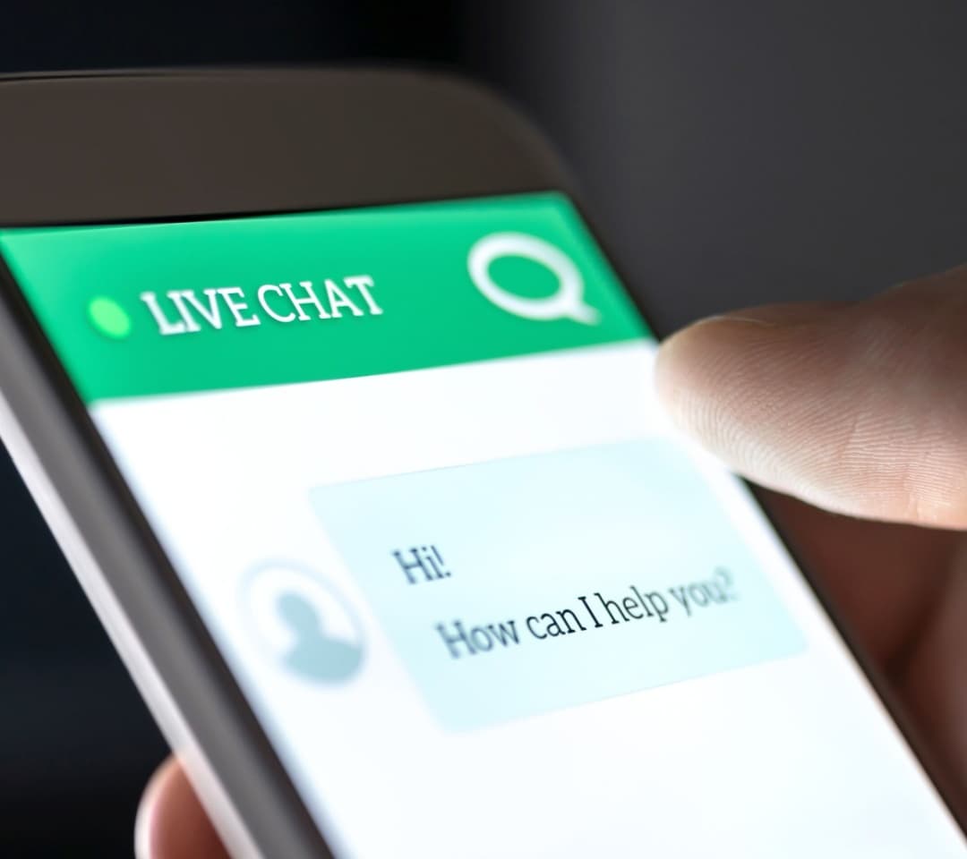 Image of a mobile phone screen displaying a "Hi, How can I help you?" message, representing the user receiving instant customer support via live chat.